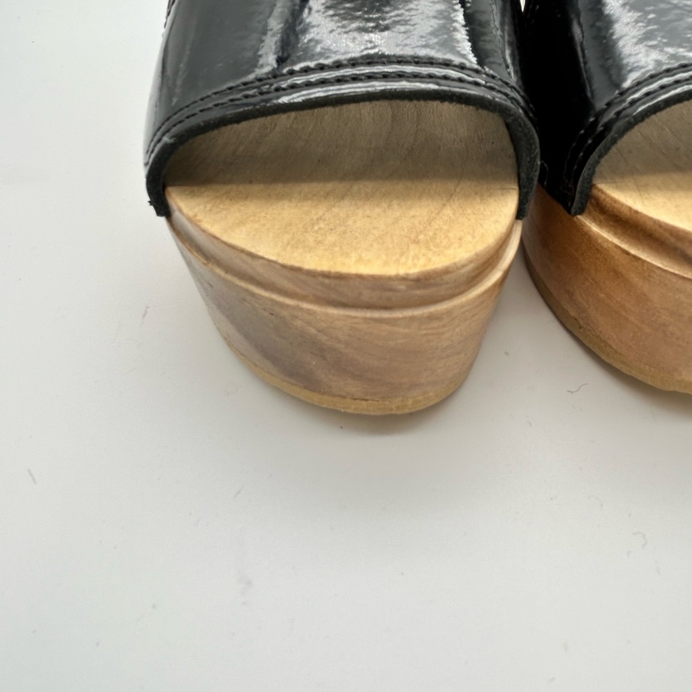 No. 6 Black Patent Leather Platform Clogs with Wood Sole - Picture 4 of 11